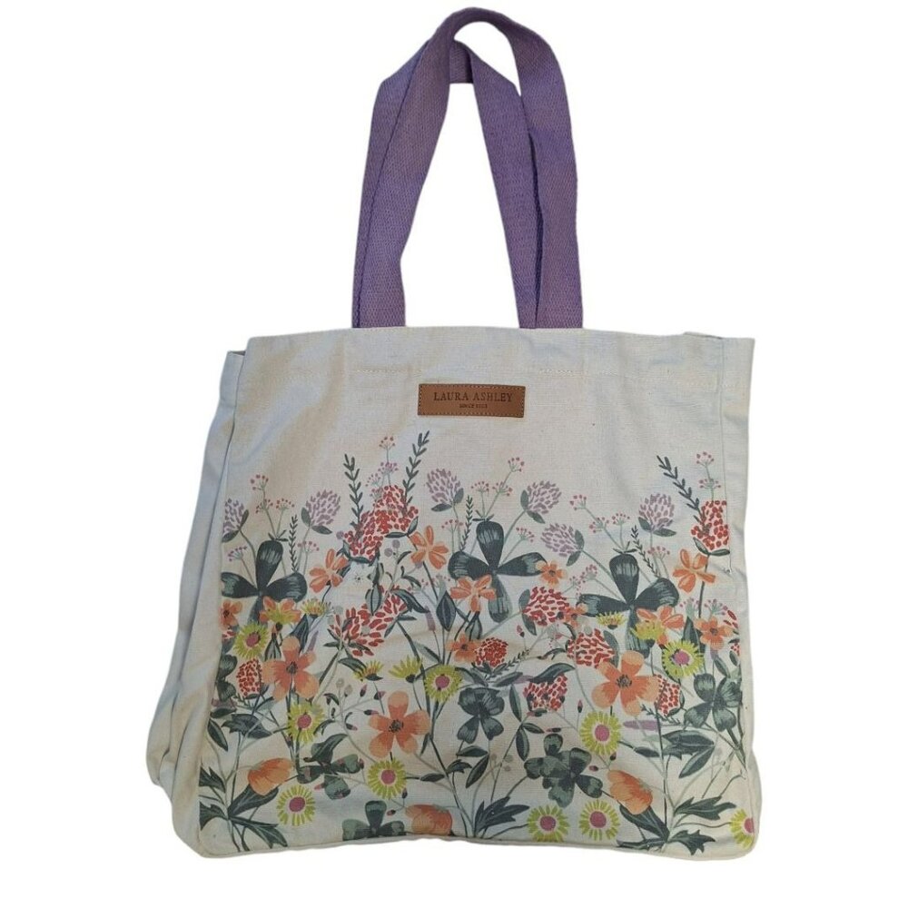Laura Ashley Canvas Tote Bag Large Floral Boho Wide Purple Handles Reusable